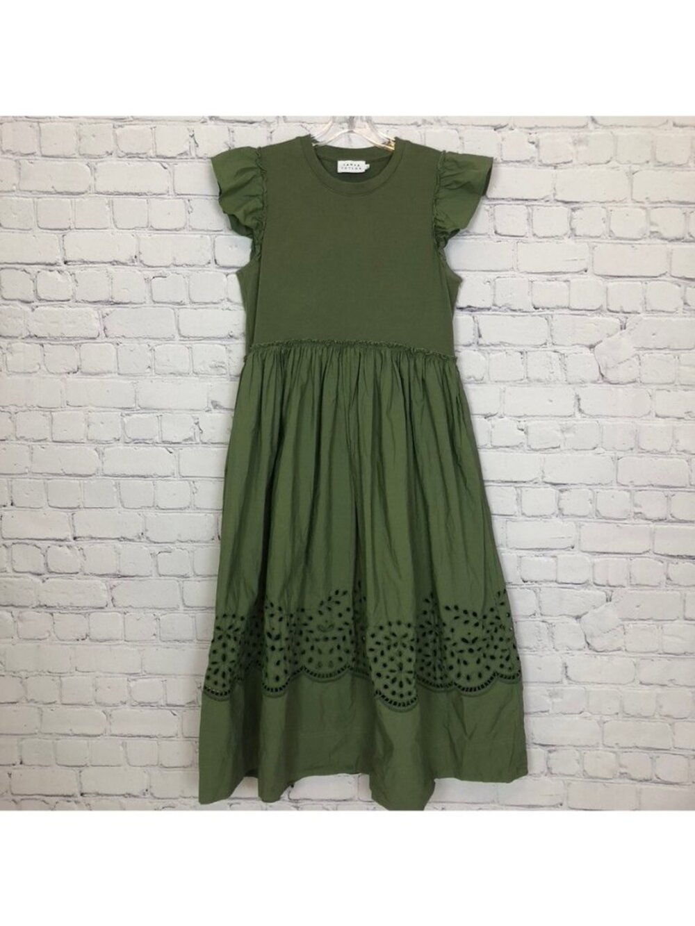 Tanya Taylor Green Eyelet Faye Dress Size S 100% Cotton Midi